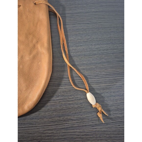 Vintage Genuine Leather Drawstring Pouch Camel Tan Color With Wooden Bead Accent - Picture 4 of 16